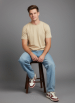 Comfort Fit Round Neck Beige T-Shirt for Men - Image 5