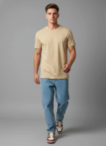 Comfort Fit Round Neck Beige T-Shirt for Men - Image 7