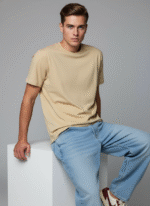 Comfort Fit Round Neck Beige T-Shirt for Men