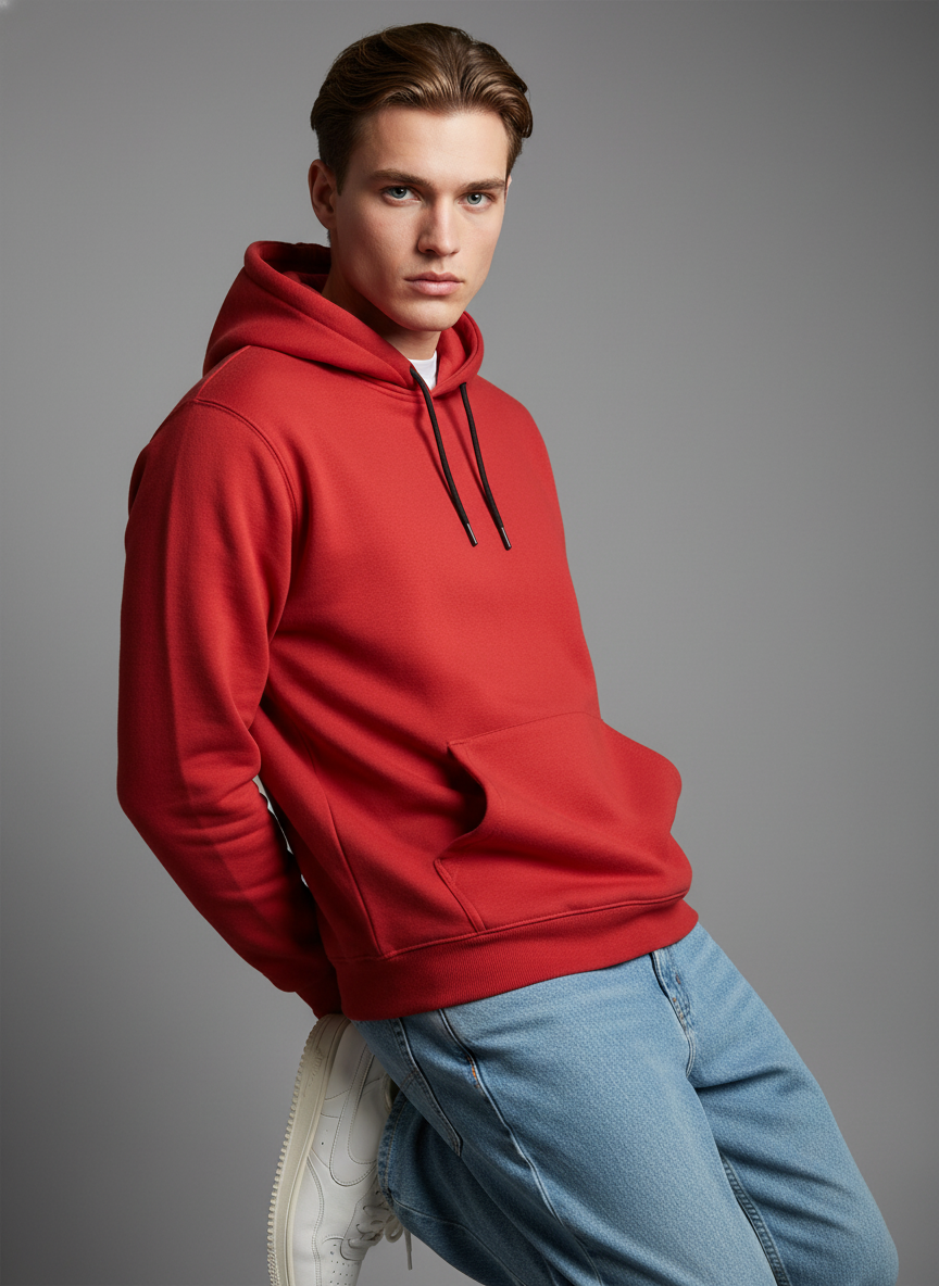 virtual-photoshoot-1 (99) Cotton Fleece Red Hoodie | Soft, Breathable & Warm Winter Outfit - Image 1