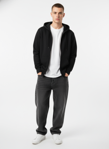 Cotton Fleece Black Zip Hoodie | Soft, Breathable & Warm Winter Outfit