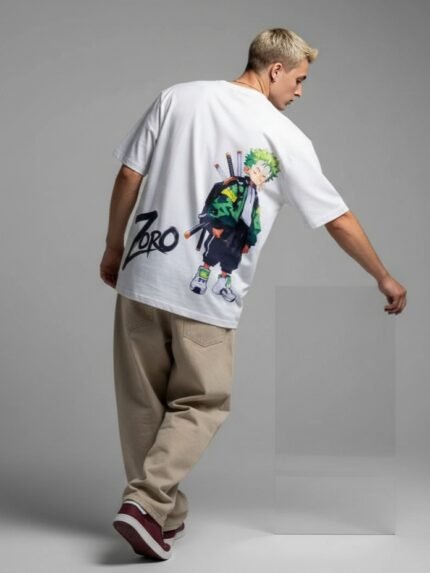 Men Oversized Anime Graphic Back Print Round Neck Cotton T-Shirt