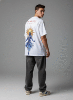 Men White Graphic Printed Oversized T shirt With Krishna Divine Artwork - Image 5